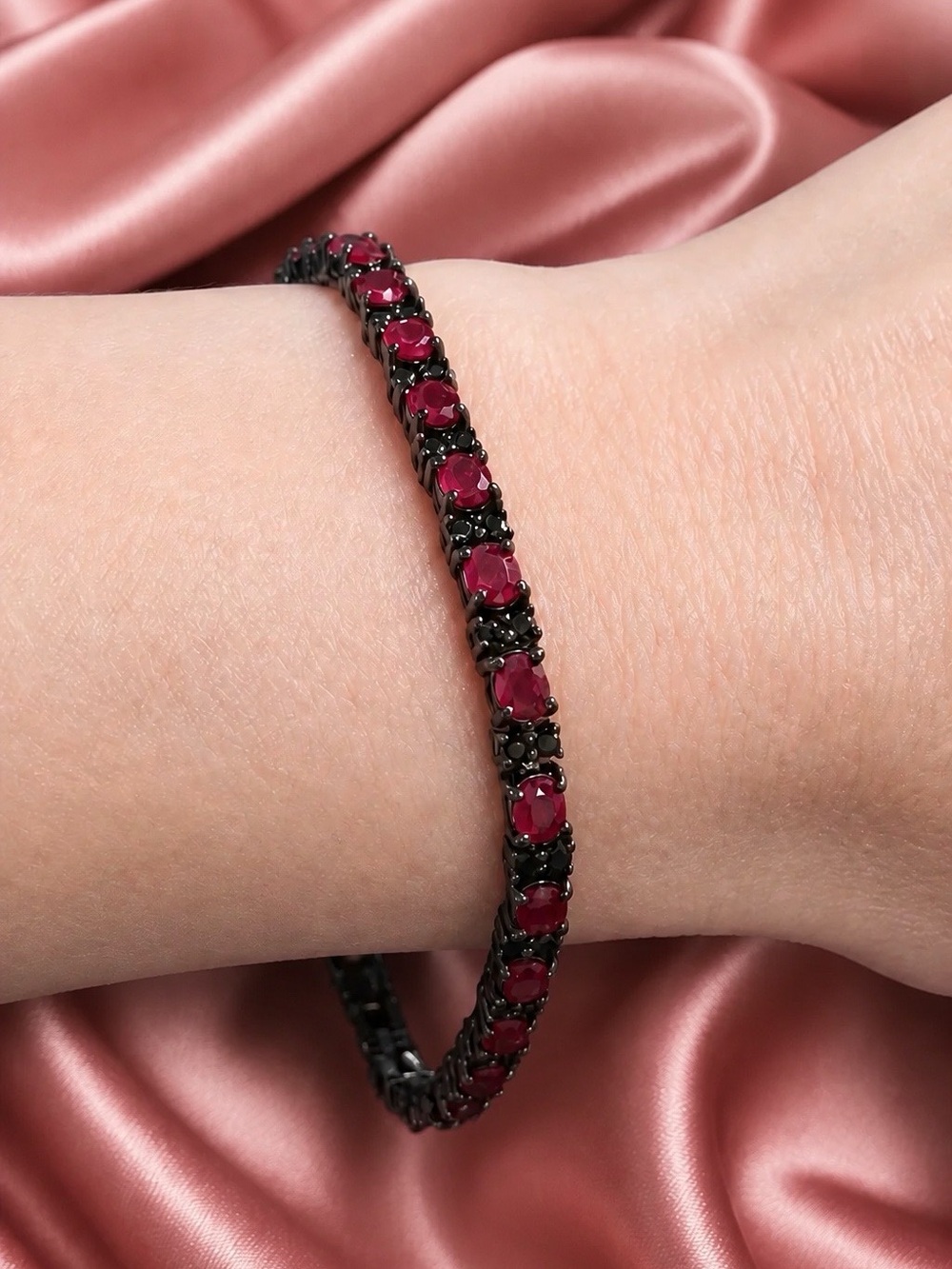Ruby & Black Spinel, AAA 12ctw Rubies. Black rhodium over S925 Tennis Bracelet.